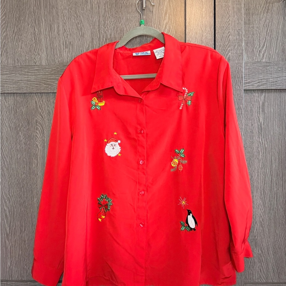 Red Button-Up Shirt with Festive Embroidery